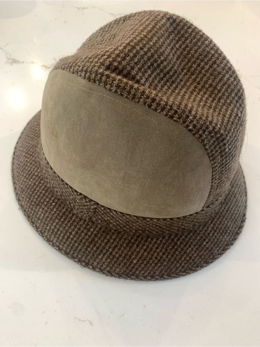 Vintage Fedora Hat Tweed Brown / Tan Suede One Size Woman’s 7.5” 1970’s.